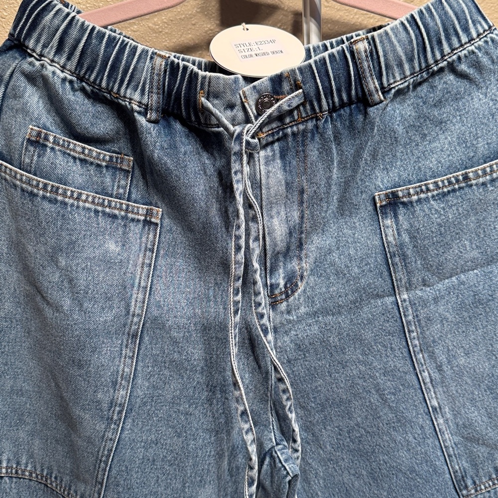 Women’s fade wash wide leg flares drawstring waist denim jeans size large NEW - Picture 5 of 11